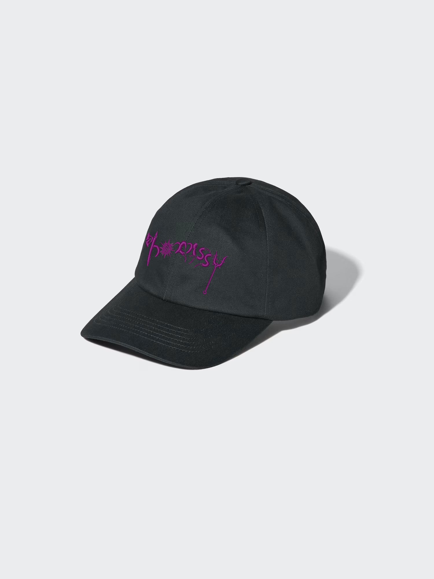 Black streetwear ball cap with neon purple logo embroidery